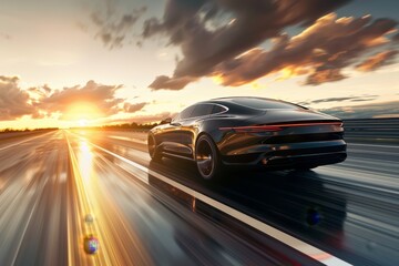 Rear view photo of modern, sleek car speeding down an open highway, photorealistic details, golden sunset in the background, motion blur effects, perfect edge highlights reflecting light