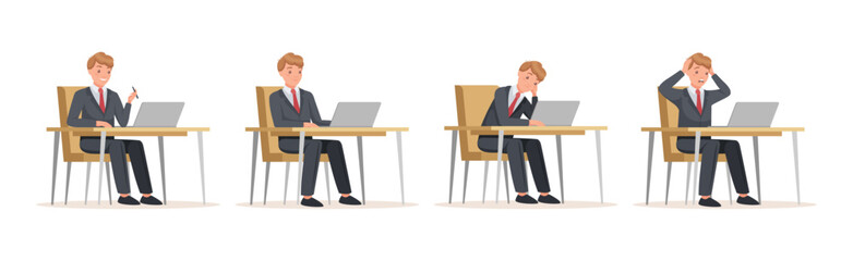 Man Office Worker Sitting at Desk with Laptop Engaged in Workflow Vector Set