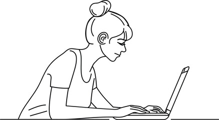 Businesswoman typing on a laptop at her desk, office work, computer technology, professional environment. one continues line art vector illustration