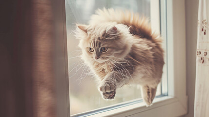 Persian cat jumping over the window