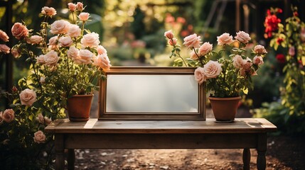 A white empty blank frame mockup propped up on a rustic wooden bench in a tranquil garden, surrounded by blooming roses.