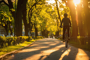 A cyclist wearing a helmet and reflective gear rides through a city park, highlighting the benefits of cycling for environmental health and urban sustainability.