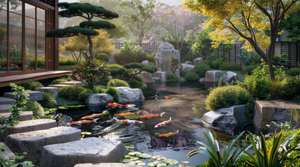 Obraz premium A Japanese garden with a pond full of fish and a stone bridge