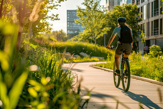 Comfortable and accessible urban environment, portrait of a cyclist from the back riding in the park, space for the concept of ecology and development and sustainable inclusive social environment