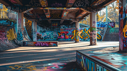 Naklejka premium A graffiti covered skate park with a lot of graffiti on the walls