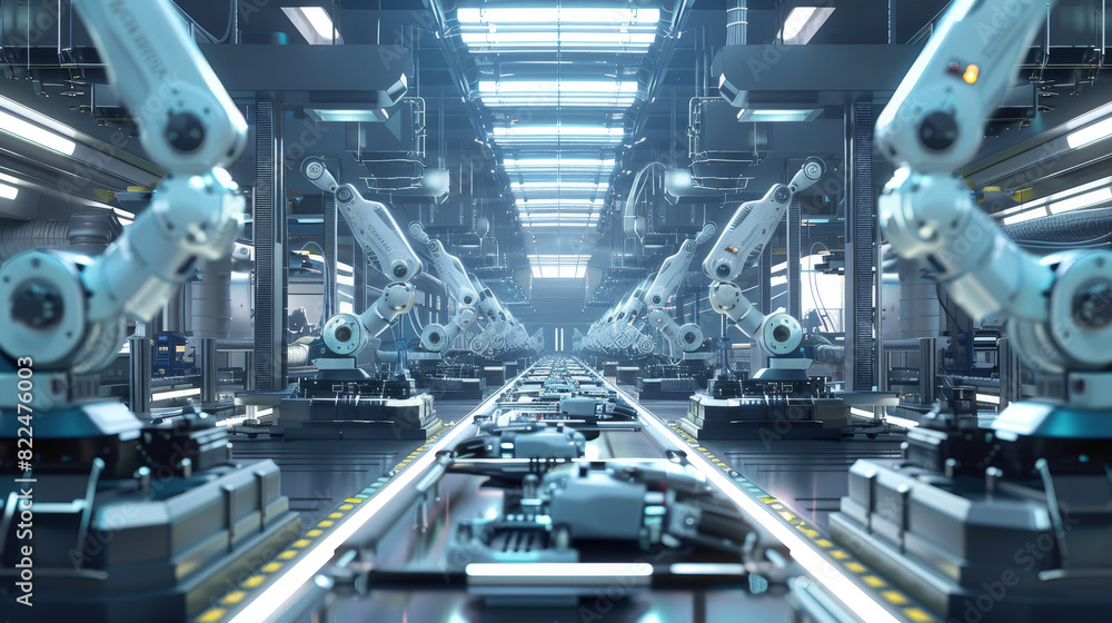 Aufkleber a factory with robots working on a conveyor belt