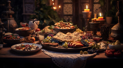 Christmas food on the table. Festive Thanksgiving dinner.. AI generative.