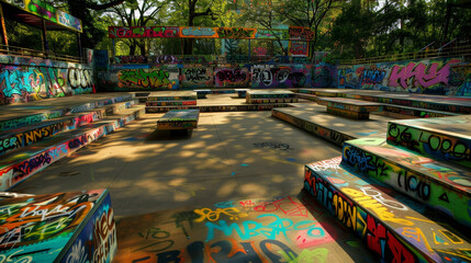 Fototapeta premium A graffiti covered park with a lot of graffiti on the walls