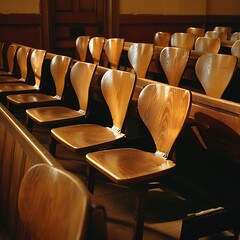 Jury box, Empty chairs in the jury box, bathed in soft light, highlighting the absence of judgment