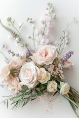 Small bouquet with vintage-inspired flowers on white background