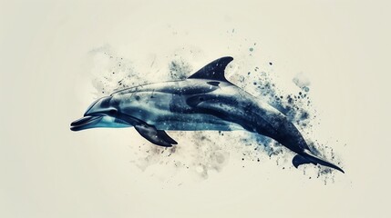Painting of a dolphin leaping from water against a light white background