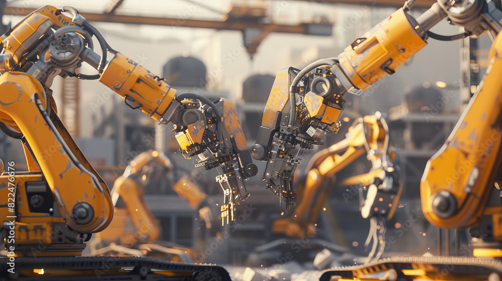 Poster a group of robots are working together in a factory