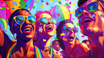 Diverse group of friends at a pride parade, confetti and balloons, pop art, neon hues, digital art, showcasing celebration and diversity