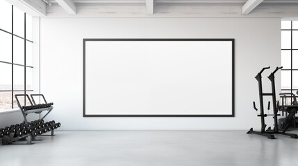 A white empty blank frame mockup mounted on a white wall in a contemporary gym, with fitness...