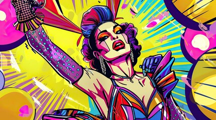 A drag queen in extravagant outfit, striking a pose, surrounded by comic speech bubbles, pop art, vivid colors, digital illustration, highlighting LGBTQ culture