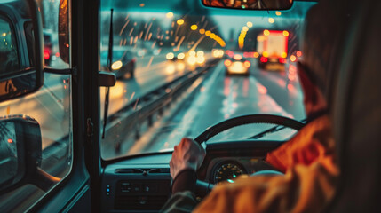 A man is driving a truck on a busy highway at night