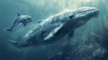 Fototapeta premium A couple of dolphins gracefully swim side by side in the ocean