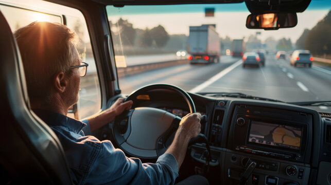 A man is driving a truck on a highway - Powered by Adobe