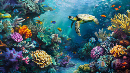 A painting of a coral reef with a turtle swimming through it