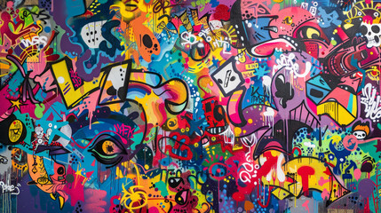 A colorful graffiti wall with a variety of shapes and colors
