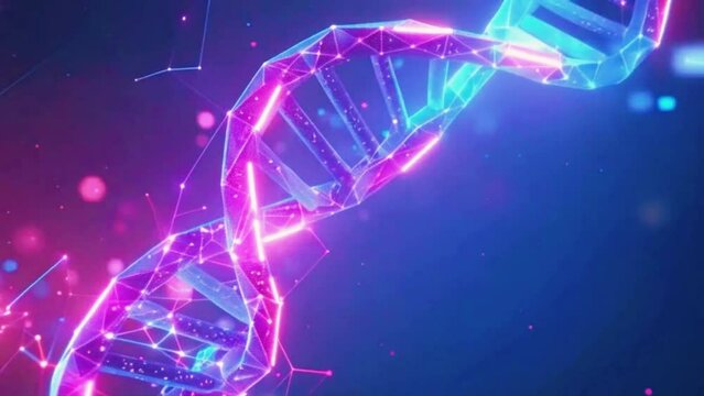 Visualizing a twisting low poly DNA strand glowing with neon communication signals, 4K High-Quality Animation Background Video