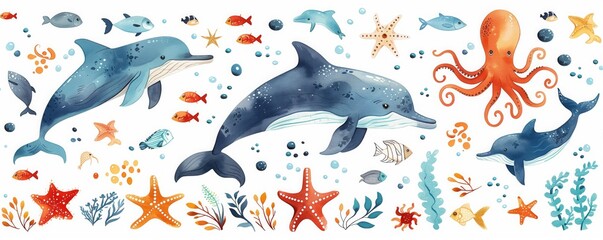Dolphins swimming among various sea creatures in the ocean