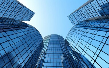 Curvilinear glass skyscrapers reaching upwards to a clear blue sky