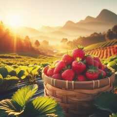 Fresh strawberry in the field and plantation under the sunlight