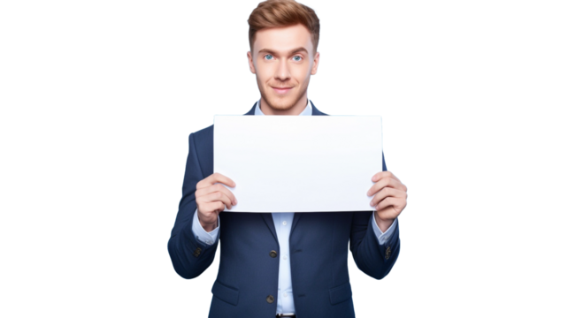 Smiling businessman with blank advertising board isolated on transparent png background.