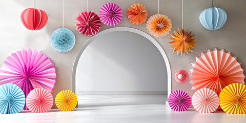 Room with a white wall and archway. The archway is decorated with colorful paper lanterns