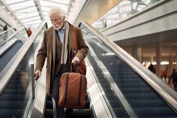Elderly gentleman descending an escalator with a stylish bag in a busy airport terminal