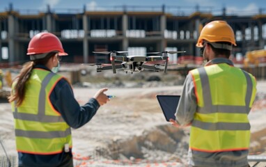 Engineers with a drone at a construction site.