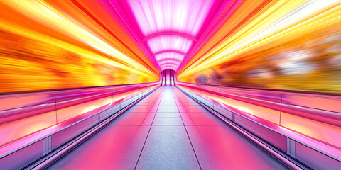 Abstract rainbow neon background. Vibrant light trails on an empty highway leading to a sunrise