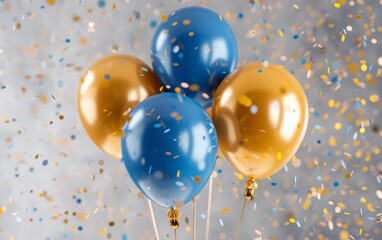 Golden and blue balloons tied to metallic weights, amidst glittering confetti.