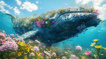 A humpback whale gracefully swims in the ocean, surrounded by a vibrant display of flowers