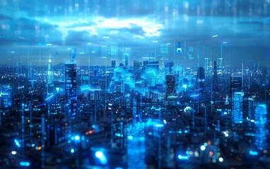 Futuristic cityscape with glowing blue digital overlays.