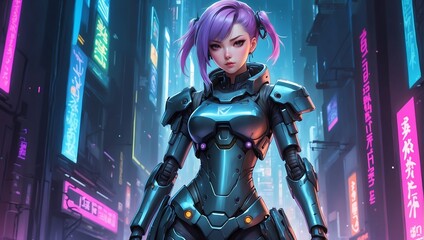 Beautiful cyberpunk anime girl character wearing tech armor