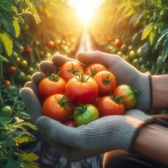 Fresh tomato in the field and plantation under the sunlight.