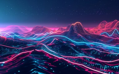Futuristic digital landscape with glowing neon lines and abstract mountains.