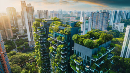A cityscape with a large building with a green roof - Powered by Adobe