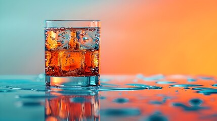 A glass of whiskey on a reflective surface, set against a gradient orange-blue background.