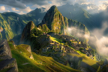 Machu Picchu bathed in early morning light with misty mountains and lush green terraces