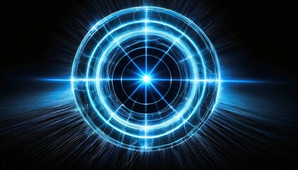 幻想的なサークル型の電撃と程よいアクセント、青い光、スタイリッシュ、かっこいい、鮮明、黒い背景、シンプルに表現 Generated by AI