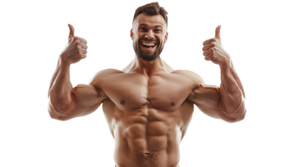 Portrait of body builder showing like thumbs up standing isolated on transparent png background. Strong male naked torso abs. Male flexing his muscles.
