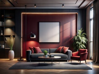 A living room with a red wall and a white framed picture on it