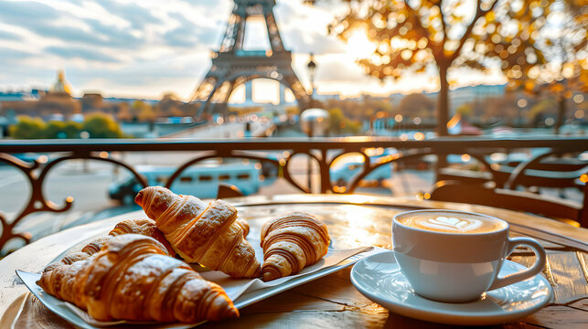 Parisian Café Scene with Coffee and Croissants, Close-up of a Parisian café table featuring a cup of coffee and croissants, with the iconic Eiffel Tower