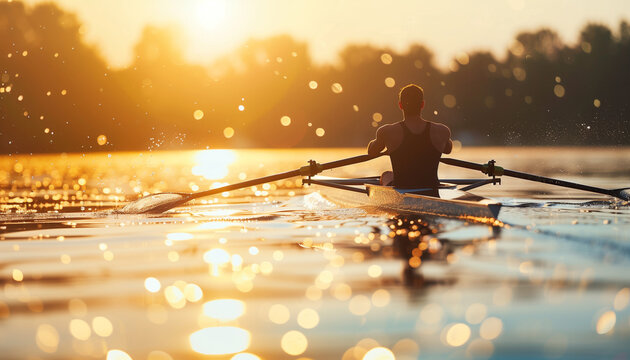 a close-up image of a rower in silhouette, paddling smoothly on a tranquil lake at sunset, the golden hues of the setting sun casting a warm glow and creating a soft bokeh effect o