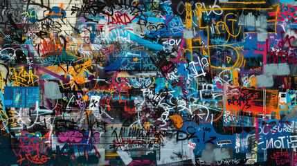 Naklejka premium A wall covered in graffiti with a blue background