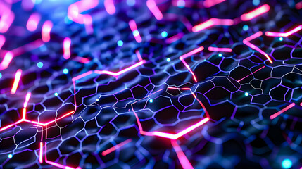 Obraz premium Neon Hexagonal Network Pattern with Glowing Highlights, Abstract close-up of a neon hexagonal network pattern with vibrant glowing highlights
