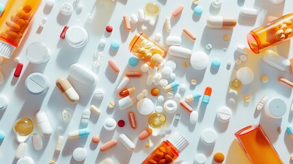Prescription bottles, some open with pills spilling out, set against a clinical background viewed from the top.